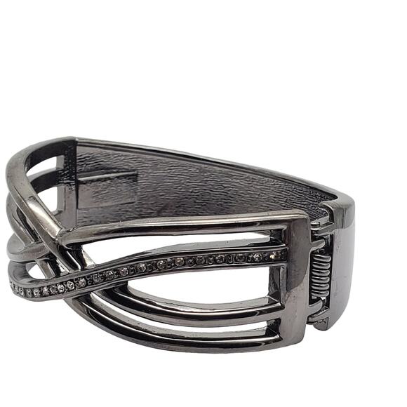 Gunmetal Clamper Bracelet Bangle Clear Rhinestone Crystal Hinged Crossover Woven - Picture 3 of 6